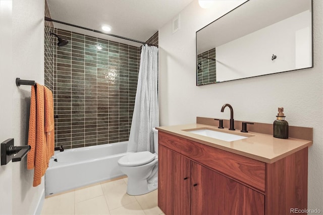 bathroom with vanity, visible vents, shower / bath combination with curtain, tile patterned floors, and toilet