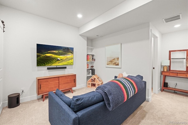 carpeted living room featuring recessed lighting, baseboards, and visible vents