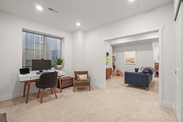 carpeted home office with visible vents, recessed lighting, and baseboards