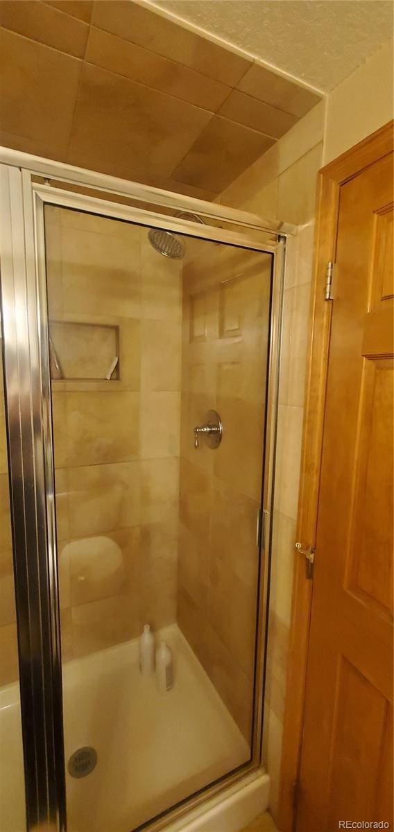 bathroom featuring a shower with shower door