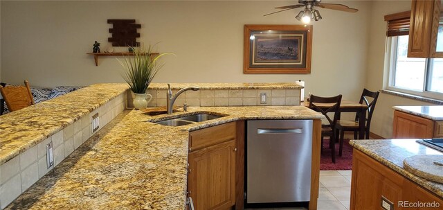 8120 S Jay Dr, Littleton, CO 80128 - kitchen featuring dishwasher, a sink, a ceiling fan, backsplash, and brown cabinetry