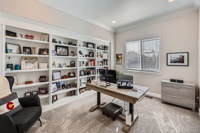 office space featuring recessed lighting, baseboards, crown molding, and light colored carpet