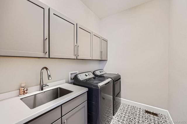 laundry area featuring washer and clothes dryer, visible vents, cabinet space, a sink, and baseboards