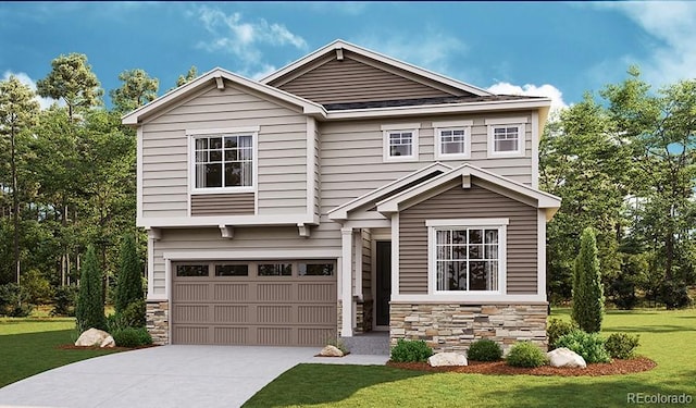 view of front of property with a garage and a front lawn