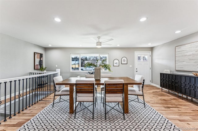 dining space featuring a ceiling fan, recessed lighting, light wood-style flooring, and baseboards