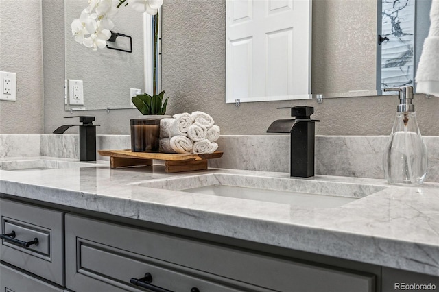 room details with double vanity, a sink, and a textured wall