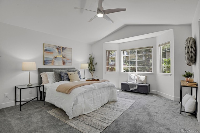 bedroom featuring carpet floors, lofted ceiling, baseboards, and ceiling fan