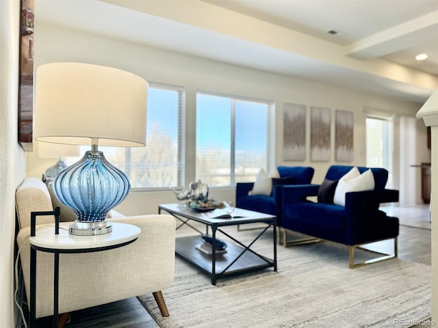 living area with wood finished floors and recessed lighting