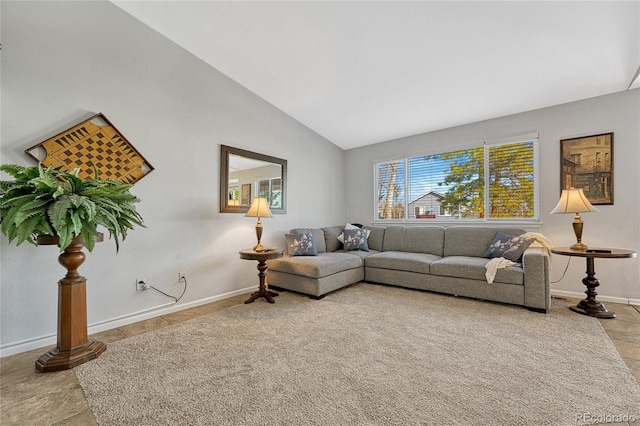 tiled living room featuring lofted ceiling