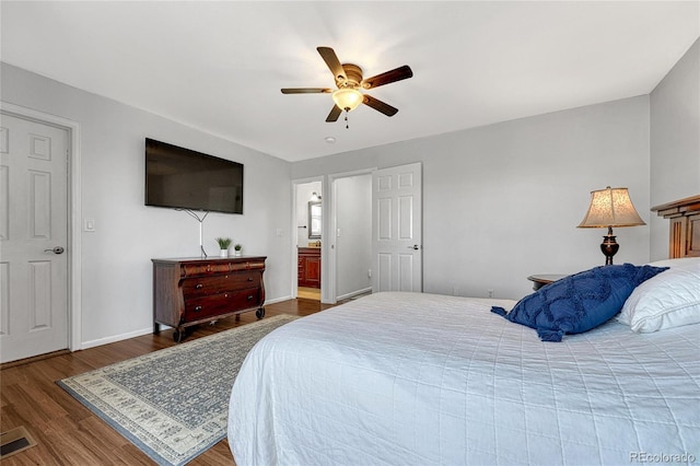 bedroom featuring wood-type flooring and ceiling fan