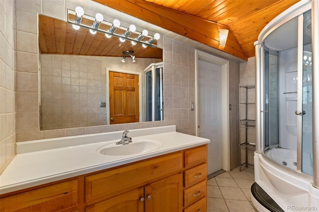 bathroom featuring washtub / shower combination, tile walls, vanity, wooden ceiling, and tile patterned floors