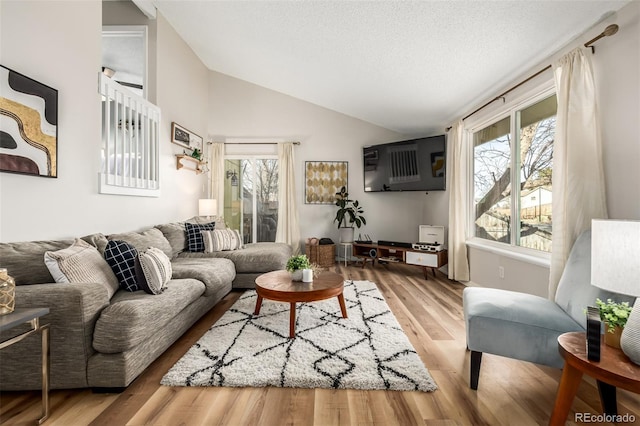 living room featuring a healthy amount of sunlight, a textured ceiling, lofted ceiling, and wood-type flooring