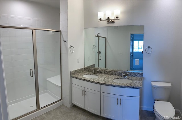 bathroom with tile patterned flooring, vanity, a shower with door, and toilet