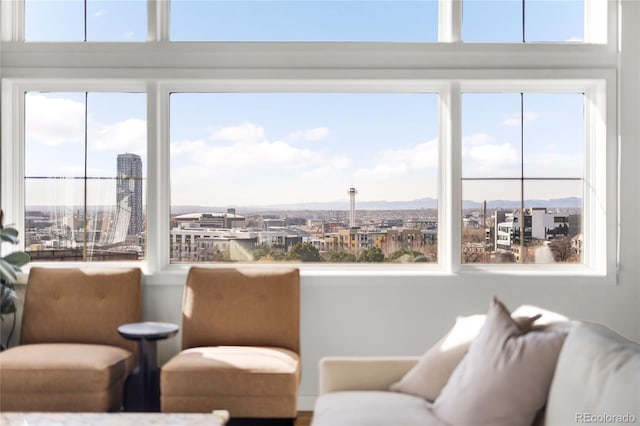 living area featuring a view of city