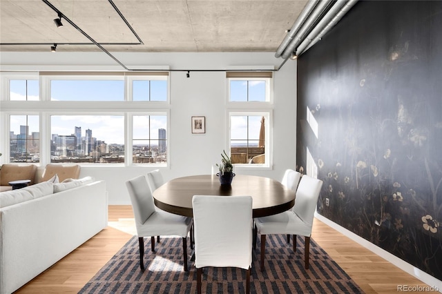 dining room with track lighting, a view of city, light wood-style floors, and baseboards