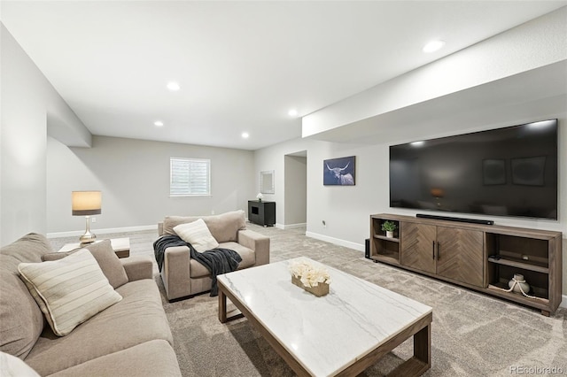 1101 E Witherspoon Dr, Elizabeth, CO 80107 - living room featuring light carpet, baseboards, and recessed lighting