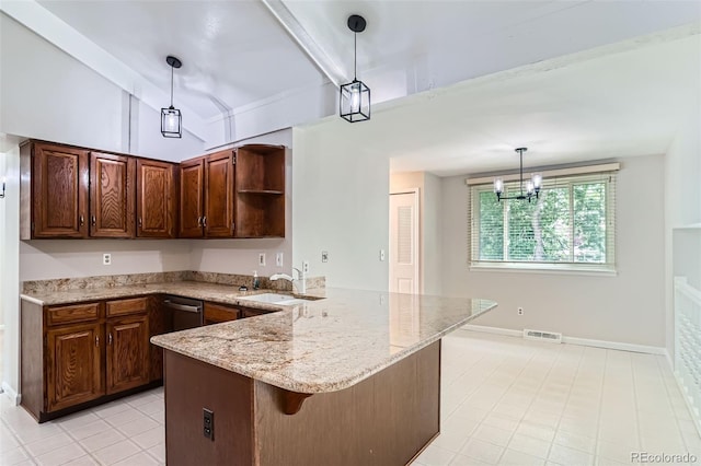 4780 W 102nd Pl, Westminster, CO 80031 - kitchen with open shelves, a peninsula, light stone counters, hanging light fixtures, and light tile patterned floors