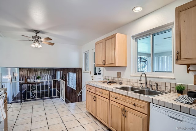 9270 Tennyson St, Westminster, CO 80031 - kitchen featuring dishwasher, a sink, tile countertops, light brown cabinets, and a ceiling fan