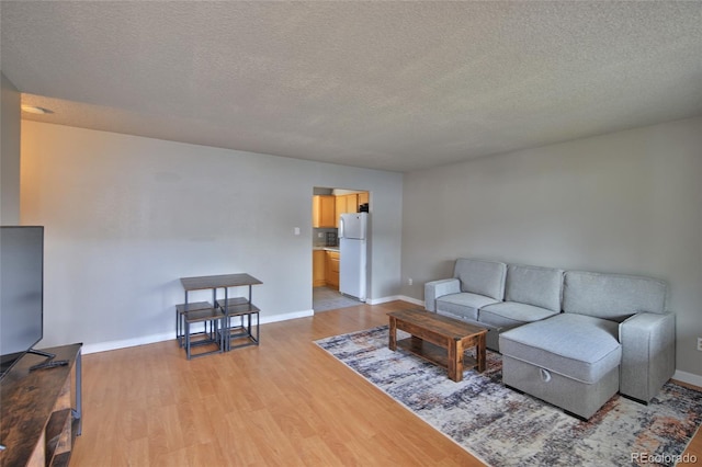 living room with light hardwood / wood-style flooring and a textured ceiling