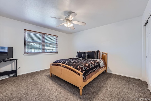 bedroom with carpet, ceiling fan, and baseboards