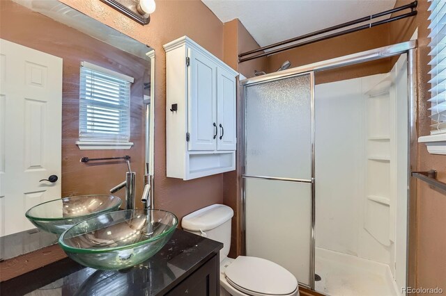 full bathroom with a shower stall, toilet, and vanity