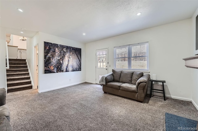 living room with carpet, stairway, baseboards, and recessed lighting