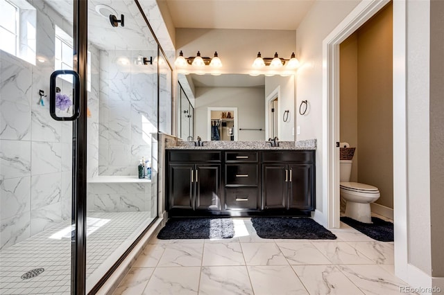 bathroom with vanity, toilet, and a shower with door