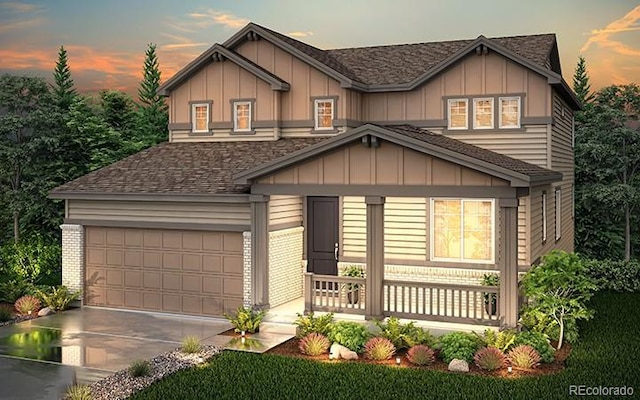 view of front of house with concrete driveway, brick siding, a garage, a shingled roof, and board and batten siding