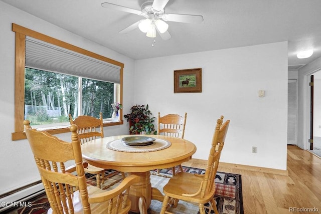 153 Gcr 135, Kremmling, CO 80459 - dining space featuring baseboards, a baseboard heating unit, light wood finished floors, and ceiling fan