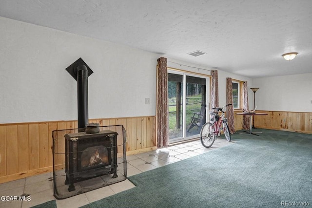 153 Gcr 135, Kremmling, CO 80459 - unfurnished living room featuring a wood stove, a wainscoted wall, and wooden walls