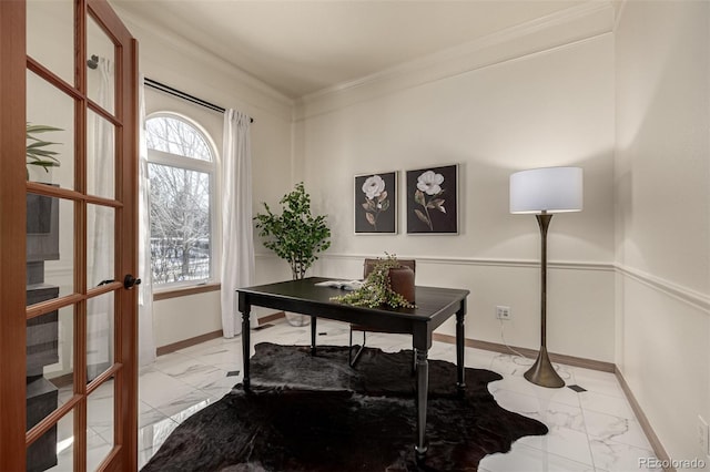 home office with ornamental molding