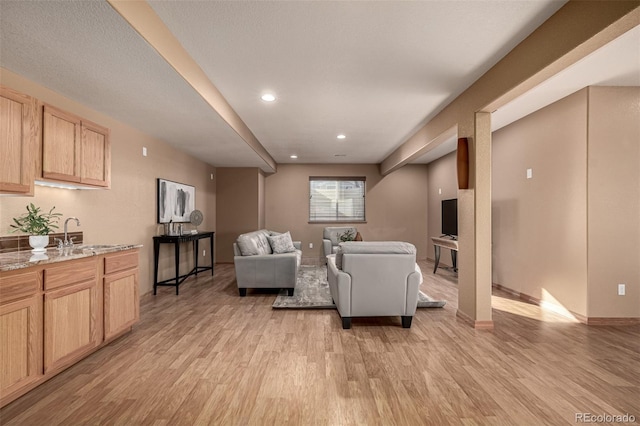 living room with sink and light hardwood / wood-style flooring