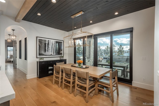 dining room with light hardwood / wood-style flooring and wood ceiling