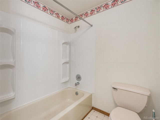 full bath with  shower combination, baseboards, and toilet