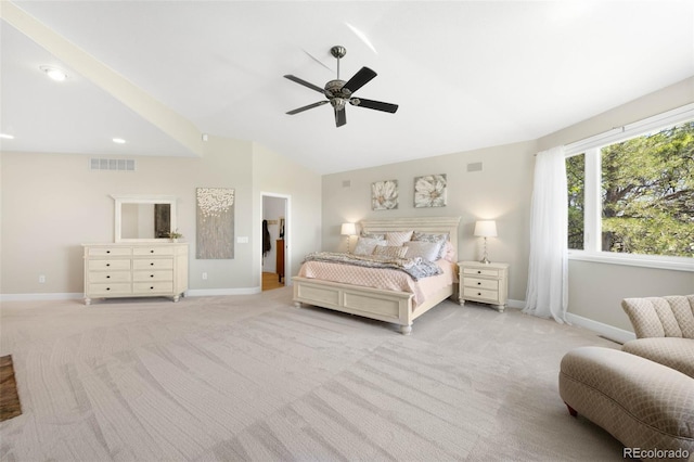 10914 Remmick Ridge Rd, Parker, CO 80134 - bedroom with lofted ceiling, baseboards, light carpet, ceiling fan, and recessed lighting