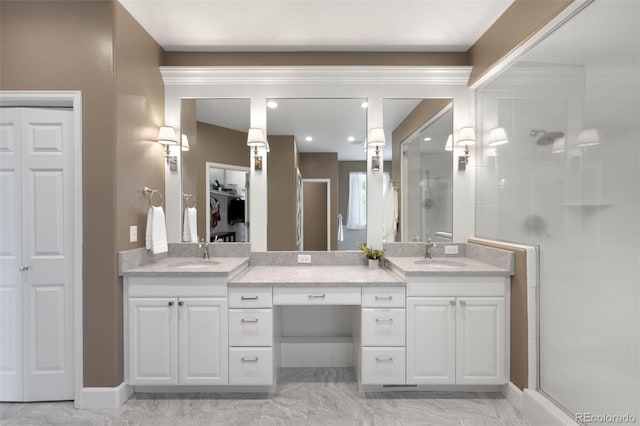 10914 Remmick Ridge Rd, Parker, CO 80134 - full bathroom featuring double vanity, a stall shower, and marble finish flooring