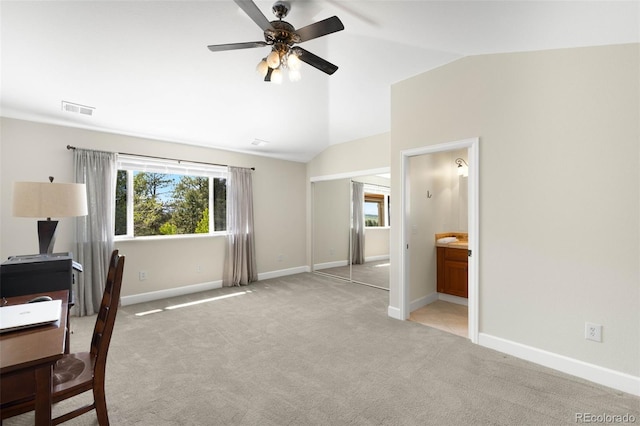 10914 Remmick Ridge Rd, Parker, CO 80134 - unfurnished office featuring lofted ceiling, plenty of natural light, a ceiling fan, carpet, and baseboards