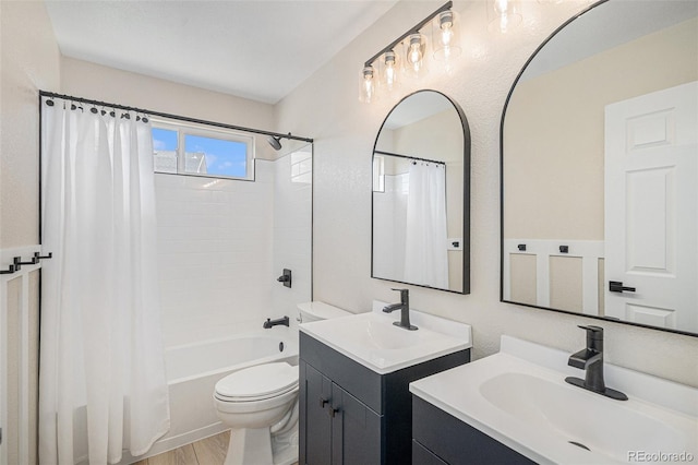 17174 E Rosebay Cir, Parker, CO 80134 - bathroom featuring two vanities, shower / tub combo, and wood finished floors