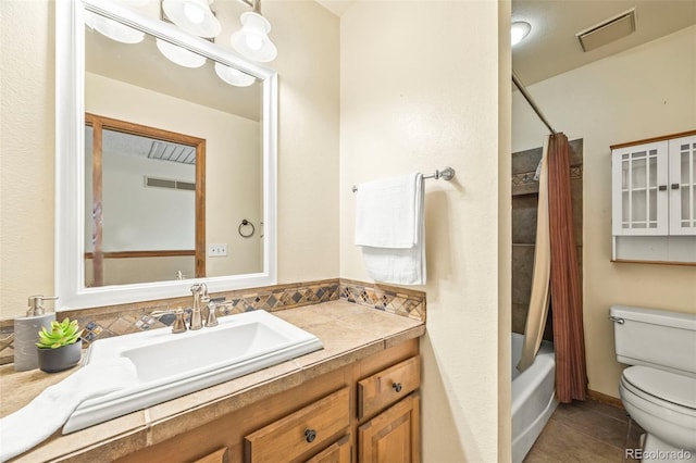 full bathroom with shower / bath combination with curtain, visible vents, tile patterned floors, vanity, and toilet
