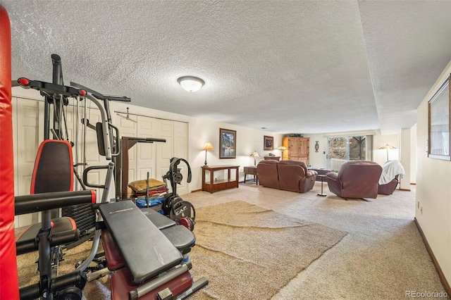 exercise room featuring a textured ceiling, baseboards, and carpet