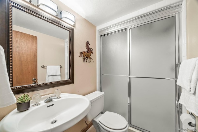 bathroom with a sink, a stall shower, and toilet