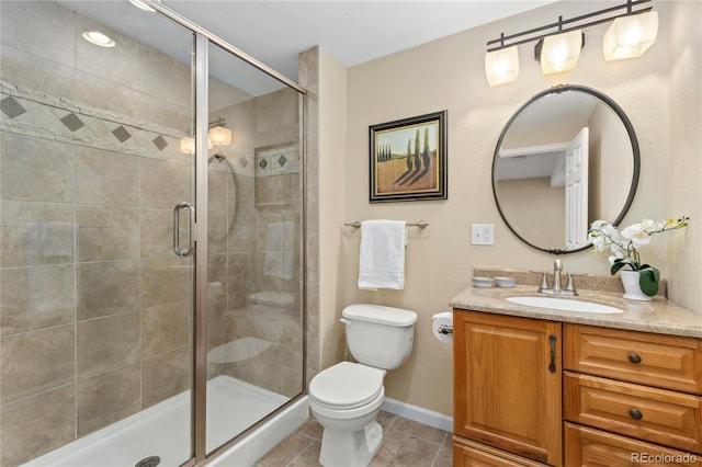 bathroom with tile patterned flooring, a shower stall, toilet, and vanity