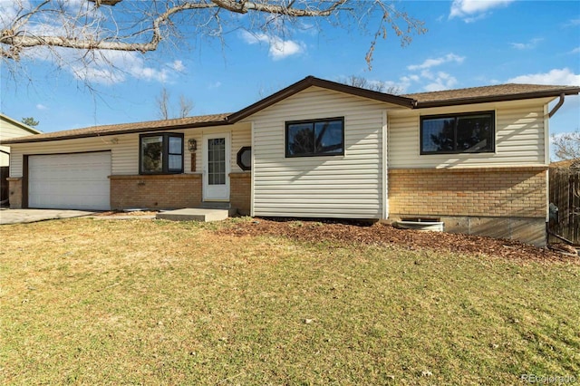 single story home with brick siding, concrete driveway, a front lawn, and a garage