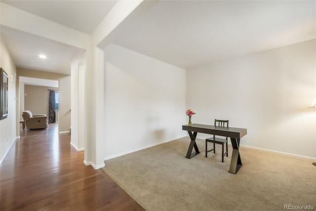 office area with baseboards, wood finished floors, and recessed lighting
