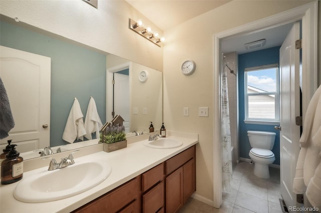 bathroom with double vanity, toilet, tile patterned floors, and shower / bath combo with shower curtain
