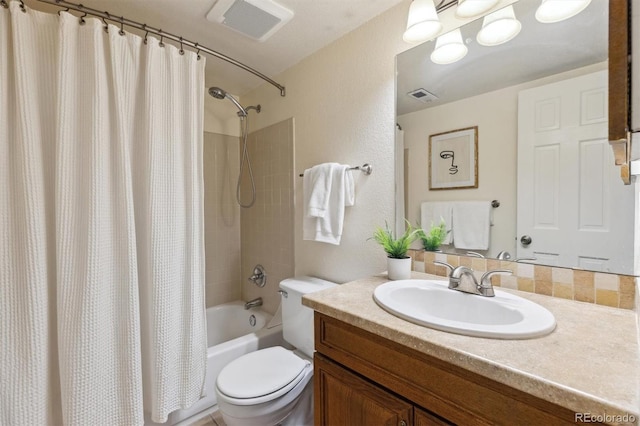 full bath featuring visible vents, toilet, vanity, and shower / bath combination with curtain
