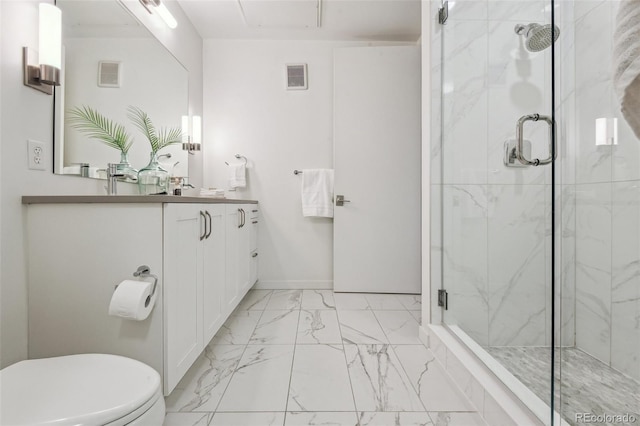 full bathroom featuring double vanity, a marble finish shower, visible vents, toilet, and marble finish floor