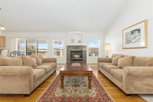 living room with light hardwood / wood-style floors, vaulted ceiling, and a fireplace