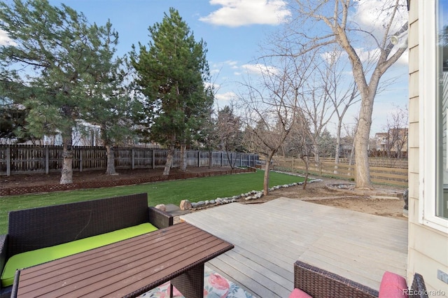 wooden deck with a fenced backyard and a lawn