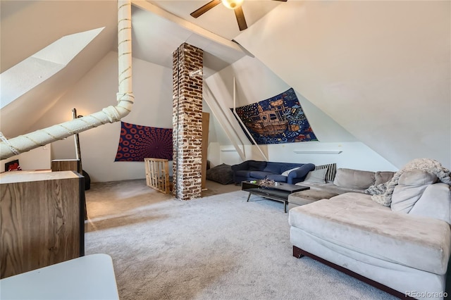 living room with carpet, vaulted ceiling, and ceiling fan